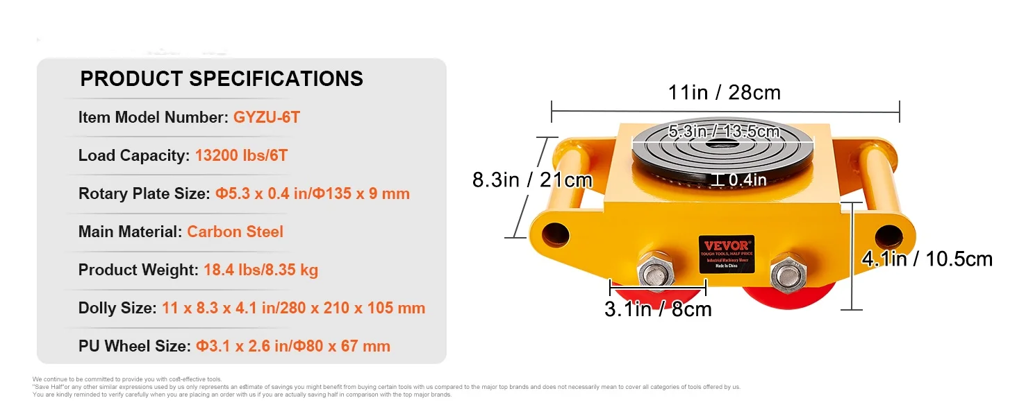 SucceBuy 6 / 8 / 12T Machinery Skate Dolly Industrial Mover with 4 PU Wheels & 360° Non-Slip Cap for Warehouse Workshop Factory