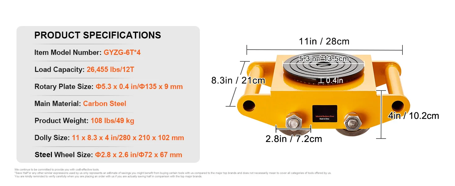 SucceBuy 6 / 8 / 12T Machinery Skate Dolly Industrial Mover with 4 PU Wheels & 360° Non-Slip Cap for Warehouse Workshop Factory
