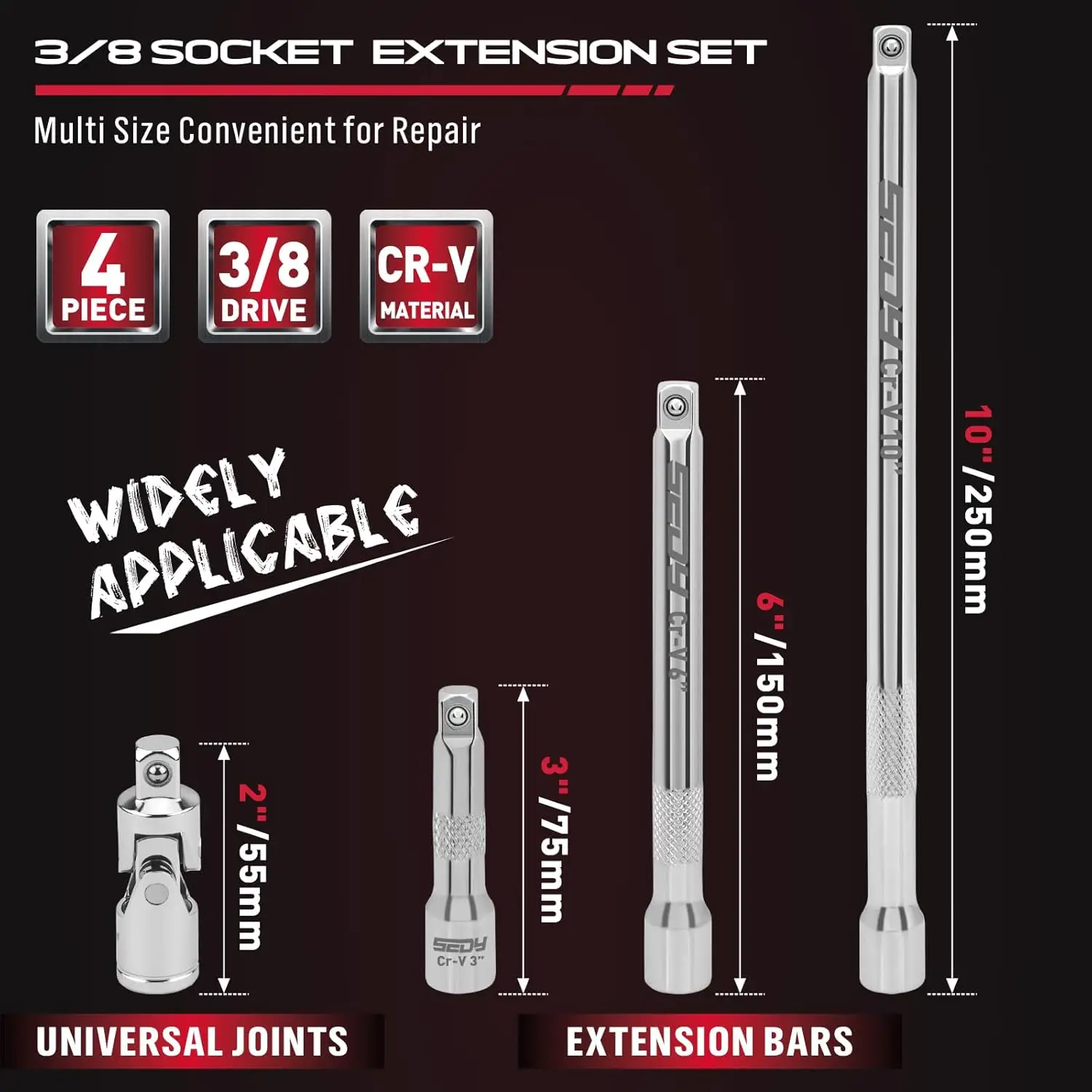 SEDY 4-Piece 3/8" Drive Socket Extension Bar Set & 4-Piece 1/4" Socket Extension Set