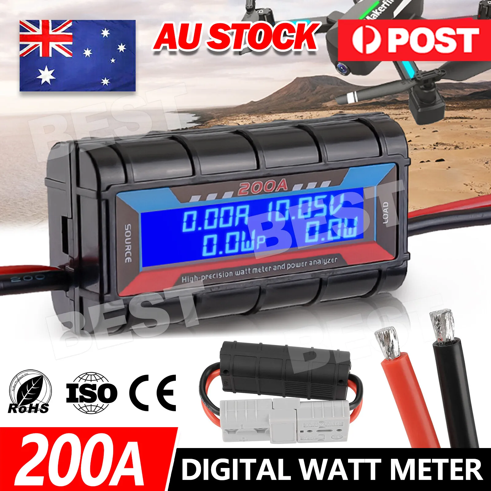 200A Watt Meter For Anderson Plug Power Analyser Solar Caravan Digital LCD DC12V