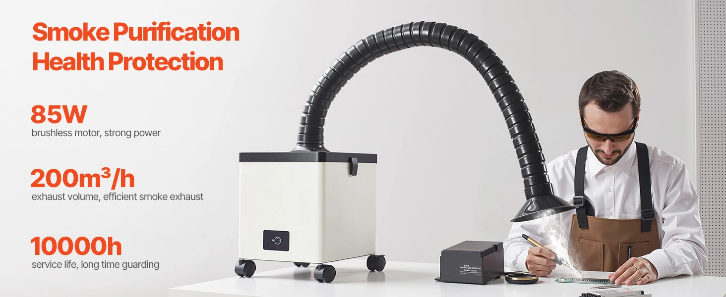 SucceBuy Solder Fume Extractor 85W Brushless Soldering Smoke Absorber 200m³/ h Strong Suction Purifier for Engraving Welding
