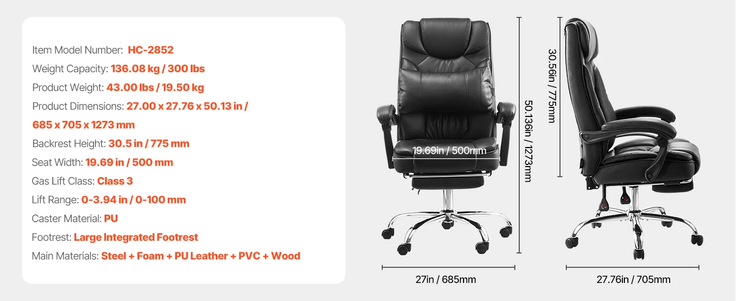 SucceBuy Executive Office Chair 300/400lb Capacity Chair Height Adjustable Ergonomic PU Leather Reclining Home Office Chair