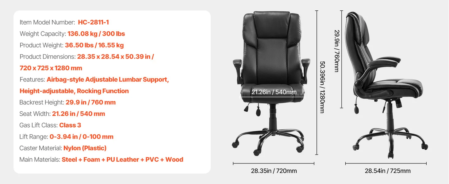 SucceBuy Executive Office Chair 300/400lb Capacity Chair Height Adjustable Ergonomic PU Leather Reclining Home Office Chair