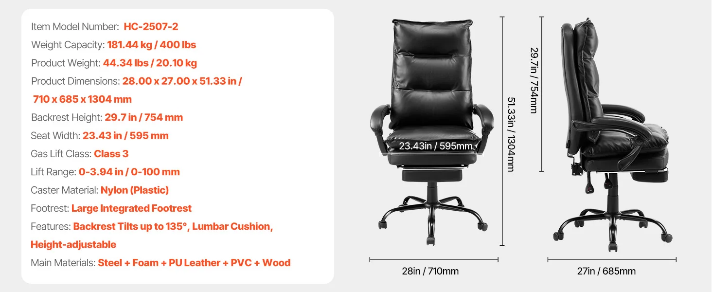 SucceBuy Executive Office Chair 300/400lb Capacity Chair Height Adjustable Ergonomic PU Leather Reclining Home Office Chair