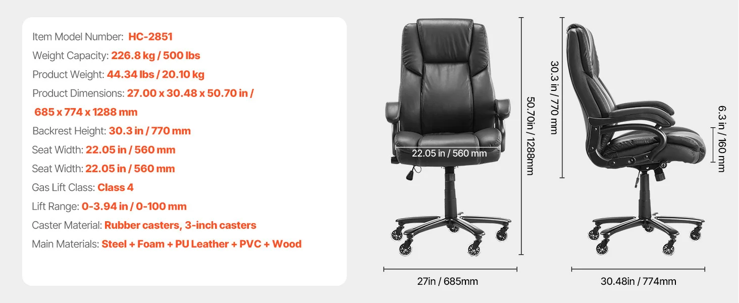 SucceBuy Executive Office Chair 300/400lb Capacity Chair Height Adjustable Ergonomic PU Leather Reclining Home Office Chair