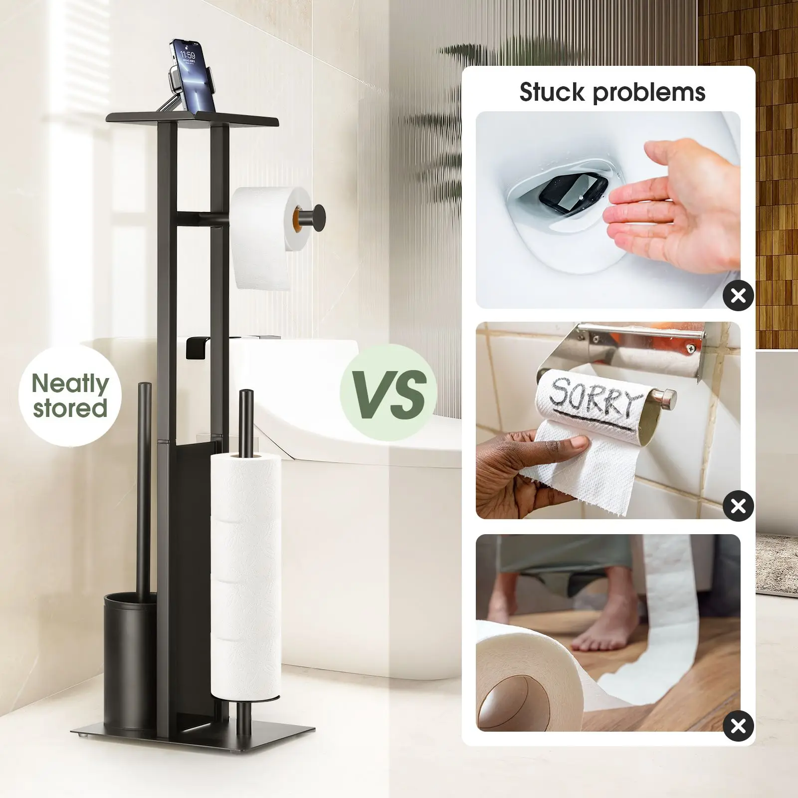 Maxkon Toilet Paper Roll Holder with Brush Phone Shelf Free Standing Tissue Storage Dispenser Bathroom Organiser Reserve Floor S