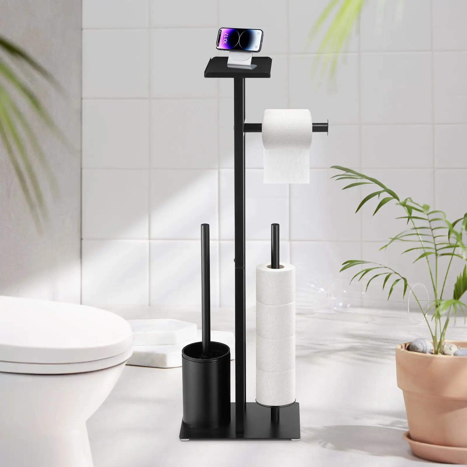 Maxkon Toilet Paper Roll Holder with Brush Phone Shelf Free Standing Tissue Storage Dispenser Bathroom Organiser Reserve Floor S