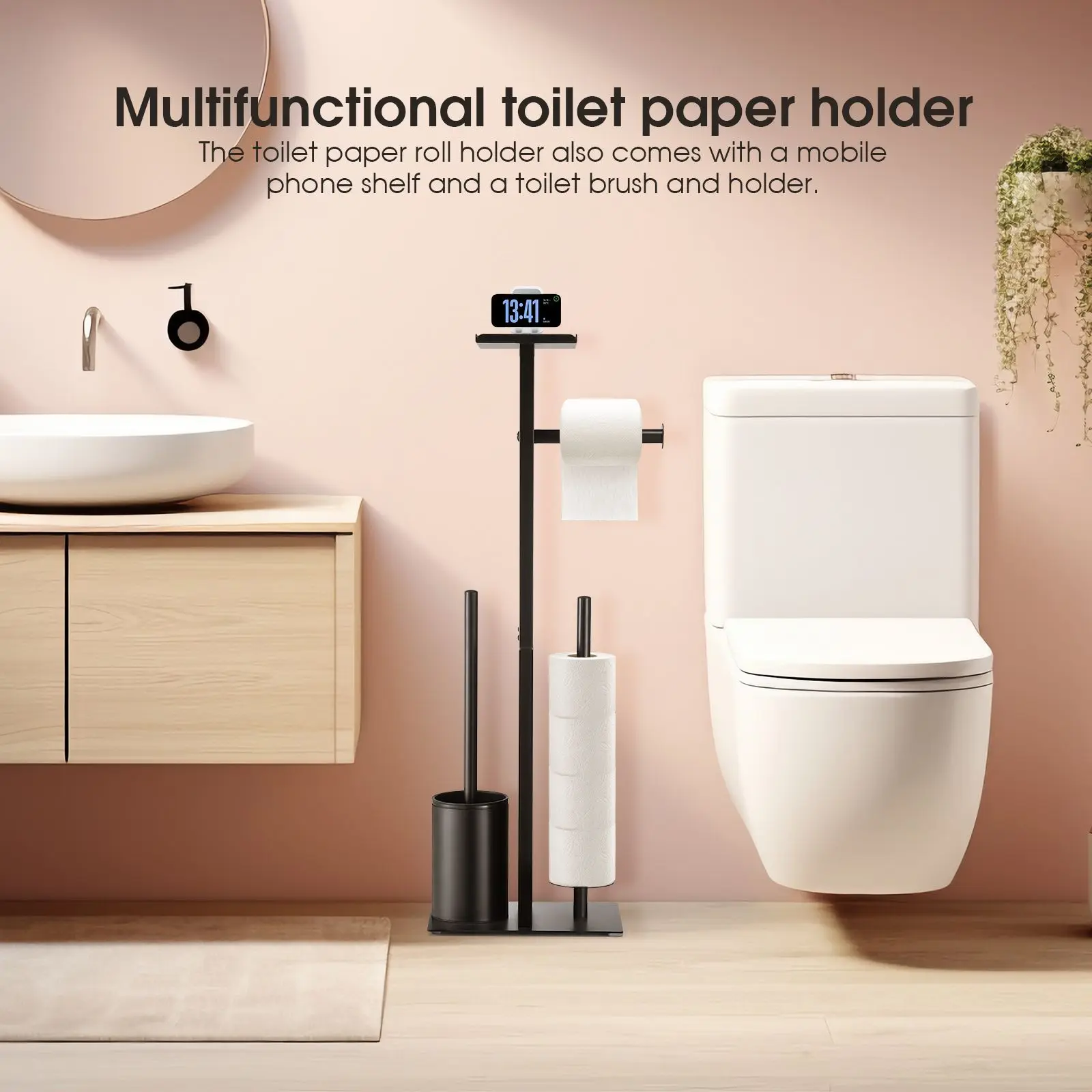 Maxkon Toilet Paper Roll Holder with Brush Phone Shelf Free Standing Tissue Storage Dispenser Bathroom Organiser Reserve Floor S