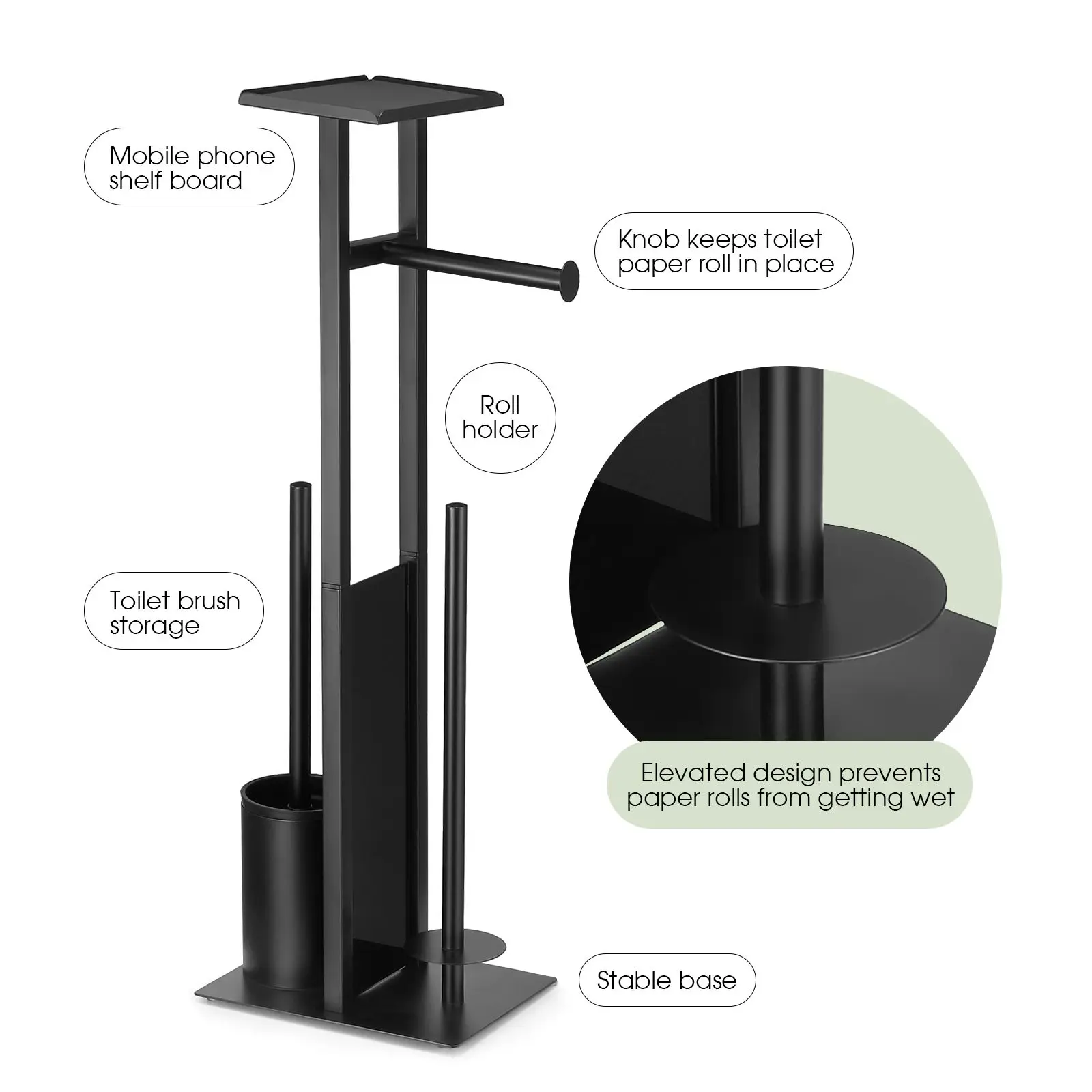 Maxkon Toilet Paper Roll Holder with Brush Phone Shelf Free Standing Tissue Storage Dispenser Bathroom Organiser Reserve Floor S