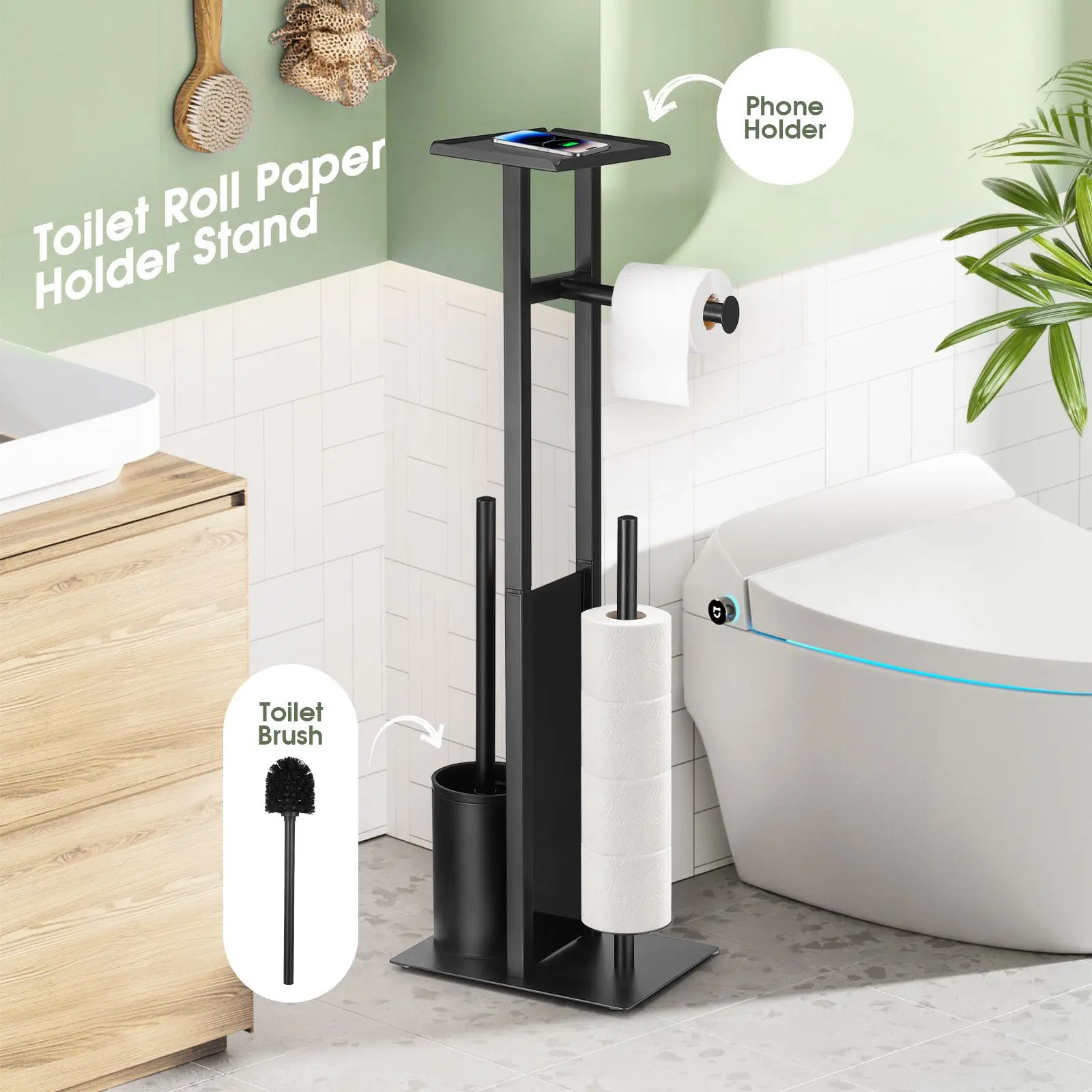 Maxkon Toilet Paper Roll Holder with Brush Phone Shelf Free Standing Tissue Storage Dispenser Bathroom Organiser Reserve Floor S