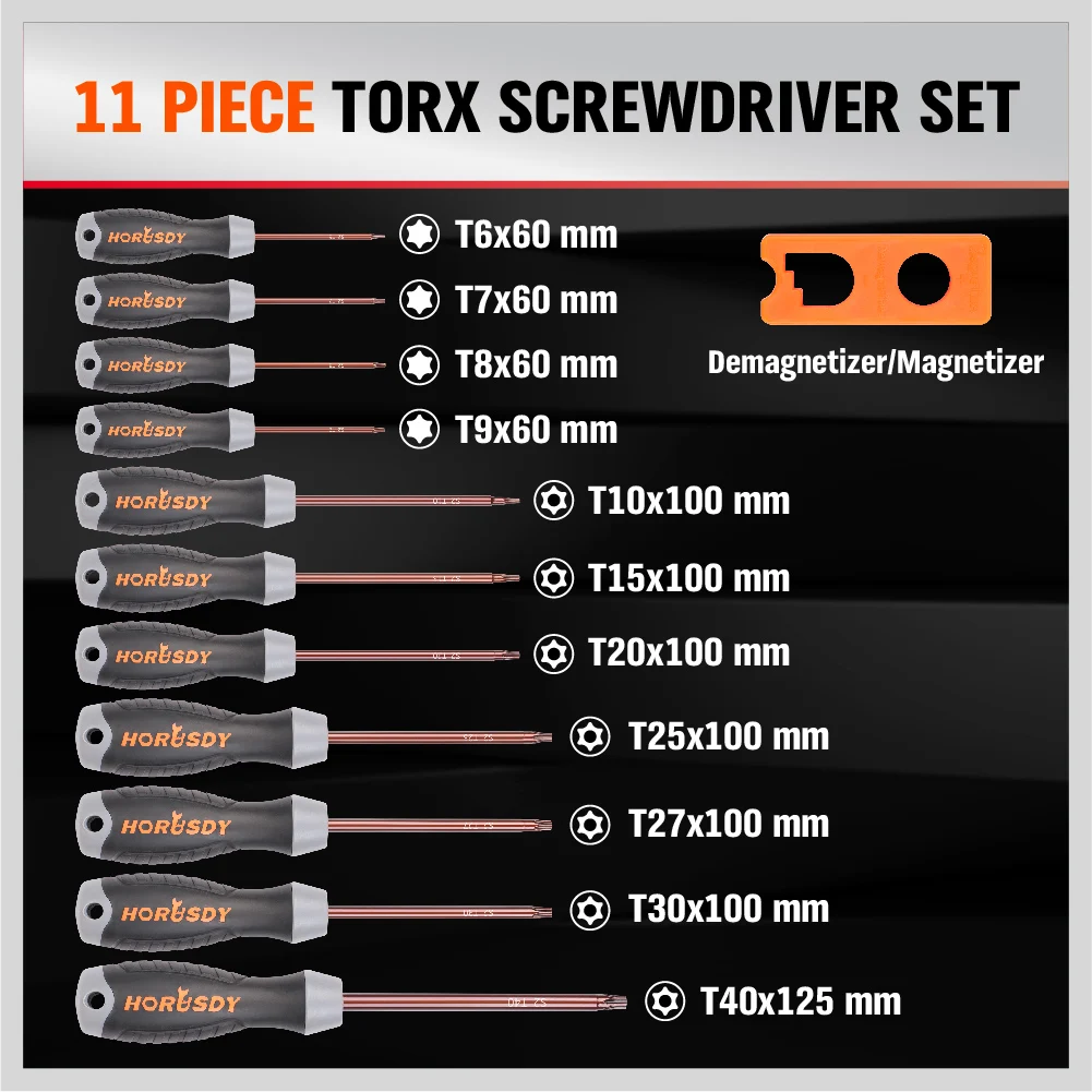 HORUSDY 12Pc Magnetic Torx Screwdriver Set Star Key Tamper Proof S2 Steel T6-T40 W/t Bag