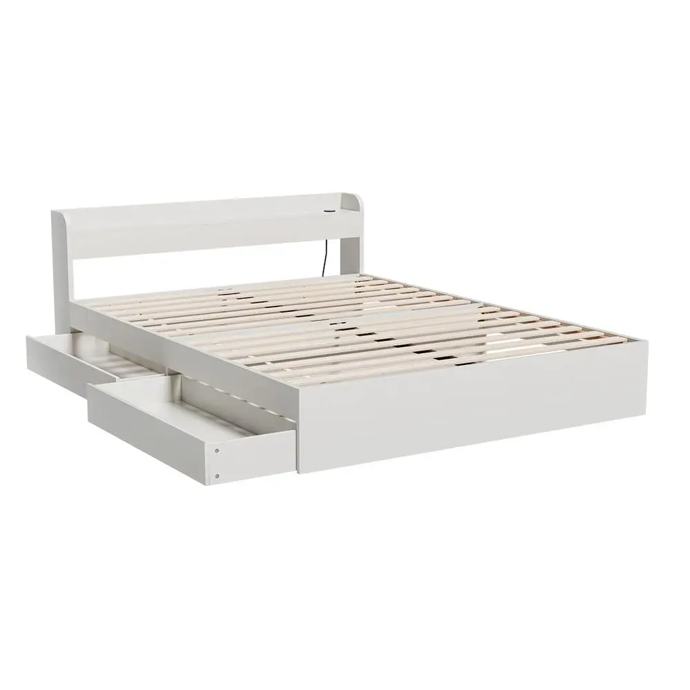Queen Size Bed Frame with Charging Ports and 2 Storage Drawers Platform Mattress Base