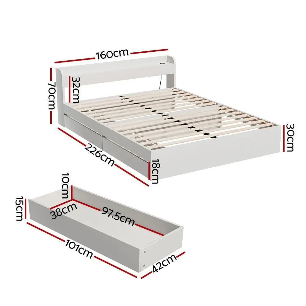 Queen Size Bed Frame with Charging Ports and 2 Storage Drawers Platform Mattress Base