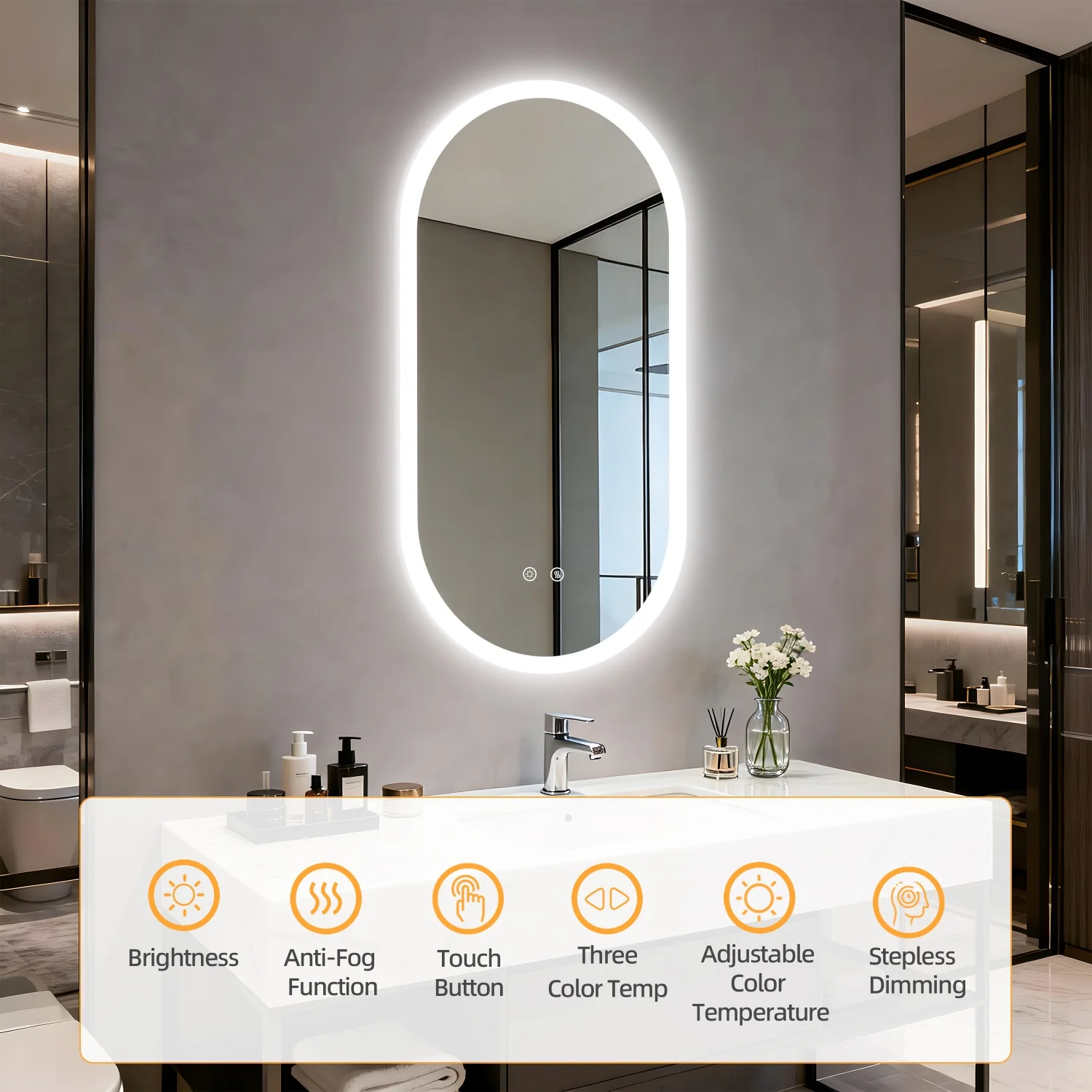 80/100/120CM Long Oval LED Bathroom Mirror Backlit Wall Mounted Illuminated Bathroom Vanity Mirror Memory Function Anti-Fog