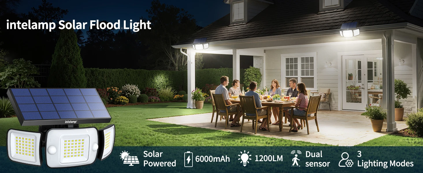 Intelamp Long Battery Life 6000mah Outdoor Solar Lights Security Flood Wall Lights Spotlight With Larger Solar Panel Faster Charging Two Motion Sensors Detect Longer&Wider For Garden Yard Garage
