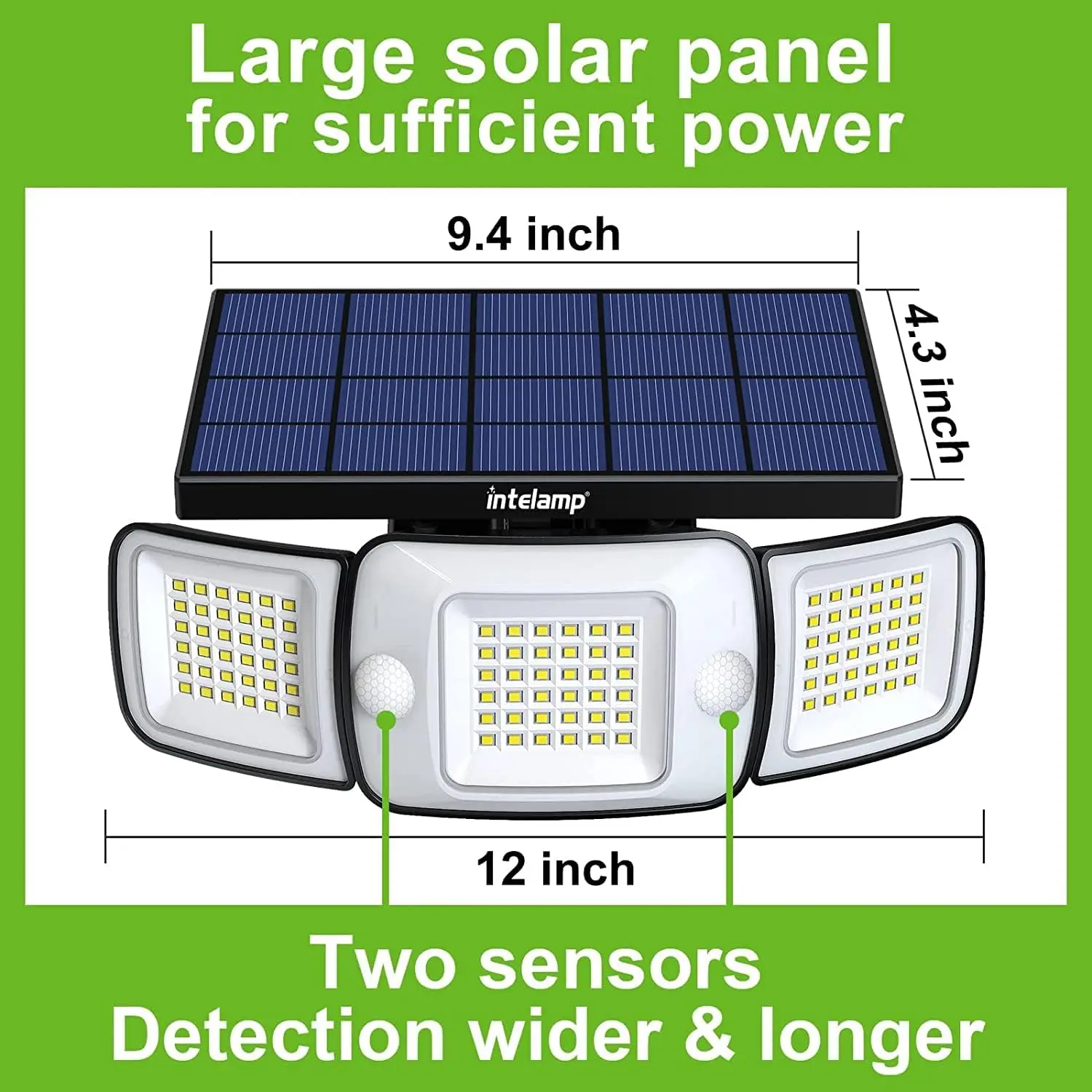 Intelamp Long Battery Life 6000mah Outdoor Solar Lights Security Flood Wall Lights Spotlight With Larger Solar Panel Faster Charging Two Motion Sensors Detect Longer&Wider For Garden Yard Garage