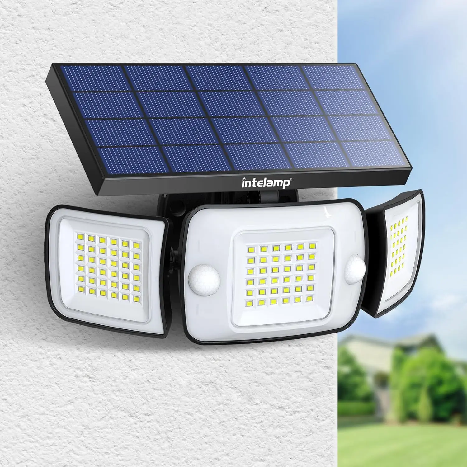 Intelamp Long Battery Life 6000mah Outdoor Solar Lights Security Flood Wall Lights Spotlight With Larger Solar Panel Faster Charging Two Motion Sensors Detect Longer&Wider For Garden Yard Garage