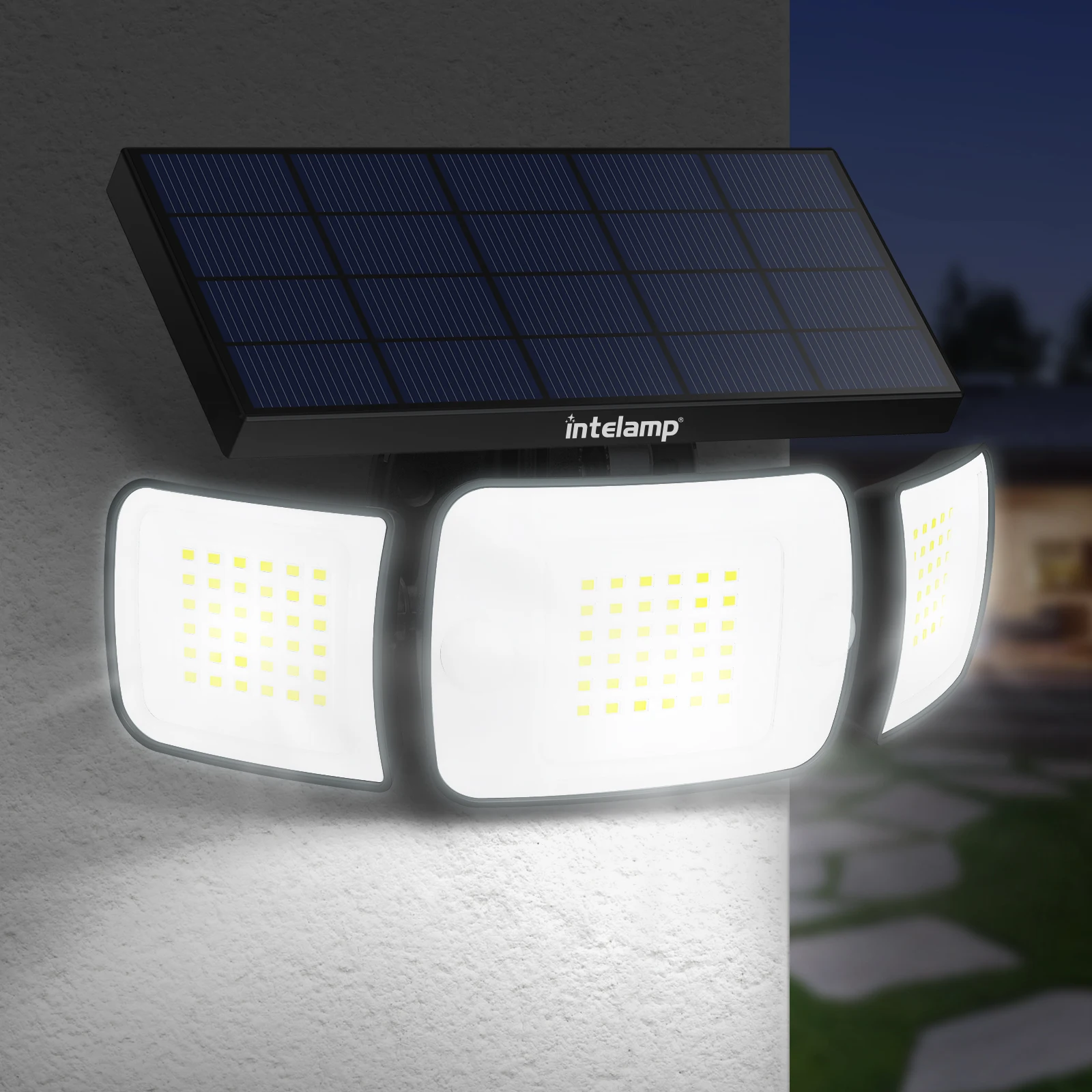 Intelamp Long Battery Life 6000mah Outdoor Solar Lights Security Flood Wall Lights Spotlight With Larger Solar Panel Faster Charging Two Motion Sensors Detect Longer&Wider For Garden Yard Garage
