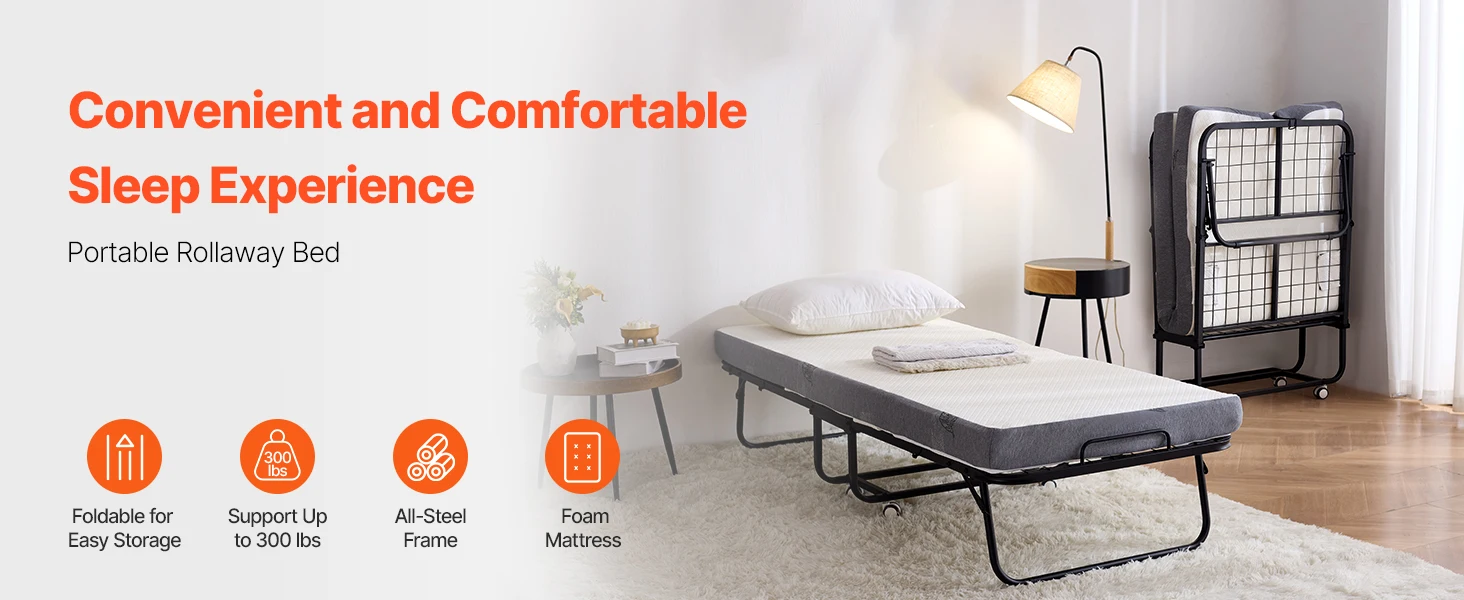 SucceBuy 31/38in Rollaway Bed Portable Twin Roll Away Bed with Metal Frame & Memory Foam Mattress Multi-functional Recliner