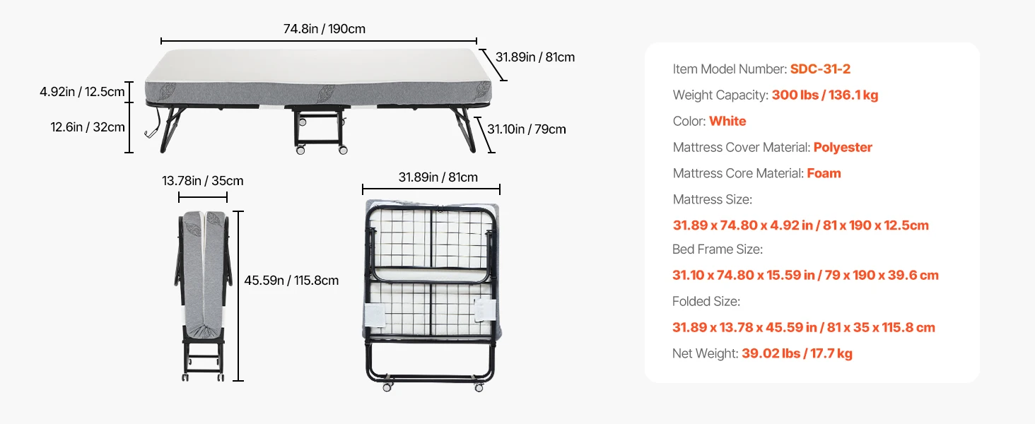 SucceBuy 31/38in Rollaway Bed Portable Twin Roll Away Bed with Metal Frame & Memory Foam Mattress Multi-functional Recliner