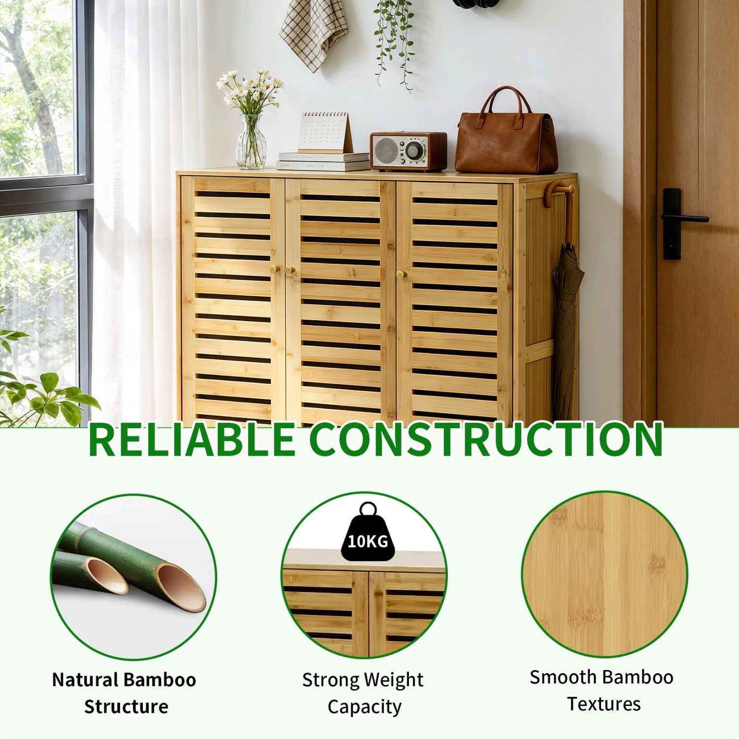 5 Tier Natural Wood Shoe Storage Cabinet Organizer Ventilated Slatted Doors 2 Or 3 Doors Shoes Rack for Entryway Hallway Closet