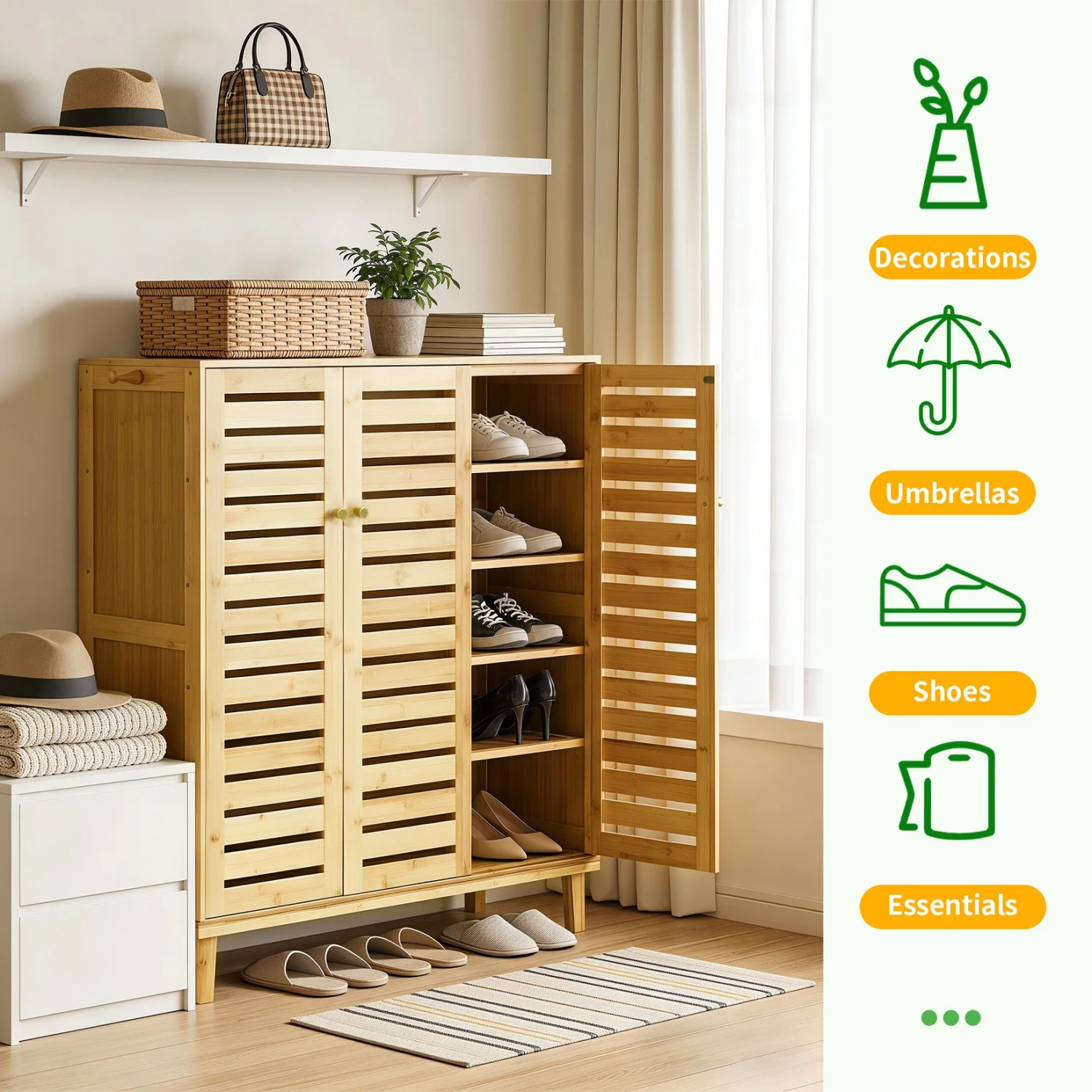5 Tier Natural Wood Shoe Storage Cabinet Organizer Ventilated Slatted Doors 2 Or 3 Doors Shoes Rack for Entryway Hallway Closet