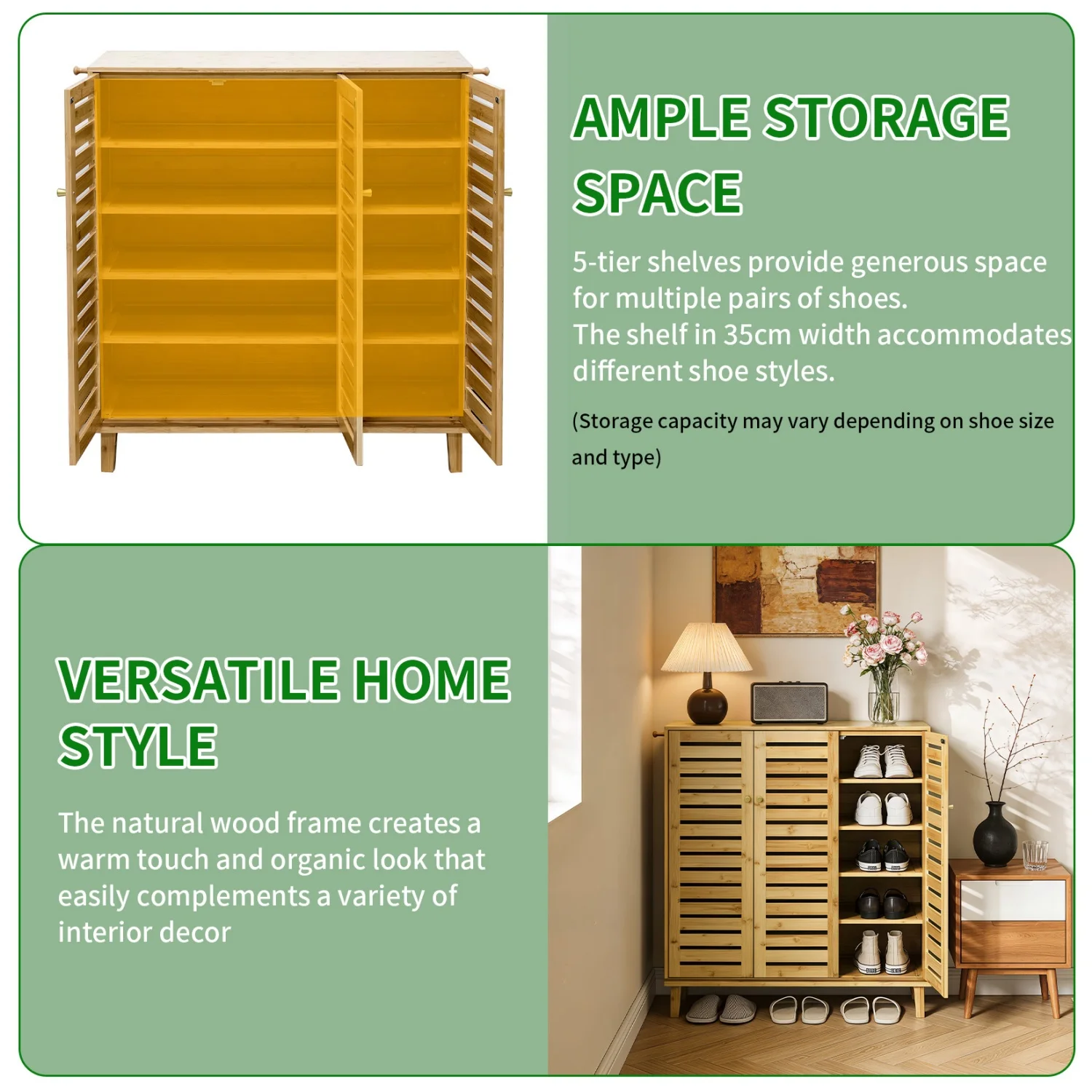 5 Tier Natural Wood Shoe Storage Cabinet Organizer Ventilated Slatted Doors 2 Or 3 Doors Shoes Rack for Entryway Hallway Closet