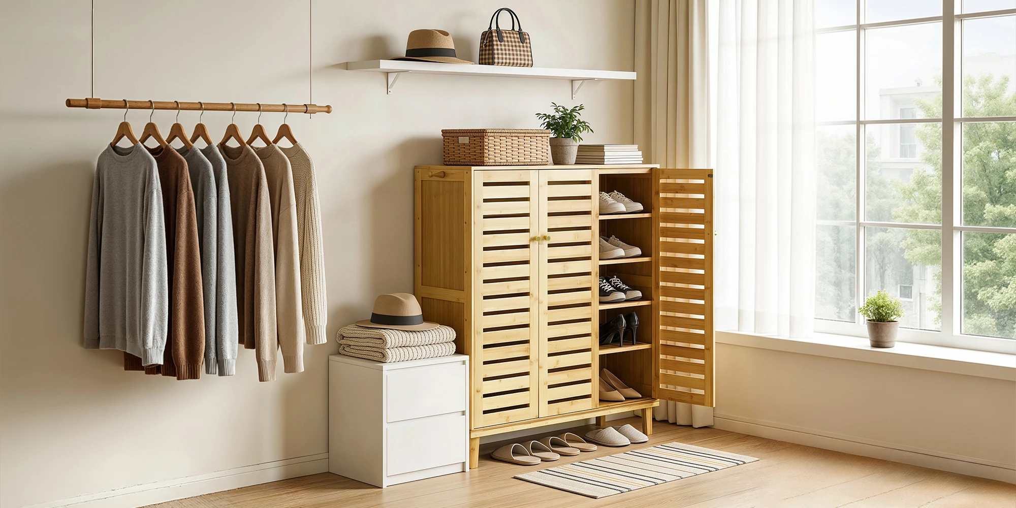 5 Tier Natural Wood Shoe Storage Cabinet Organizer Ventilated Slatted Doors 2 Or 3 Doors Shoes Rack for Entryway Hallway Closet
