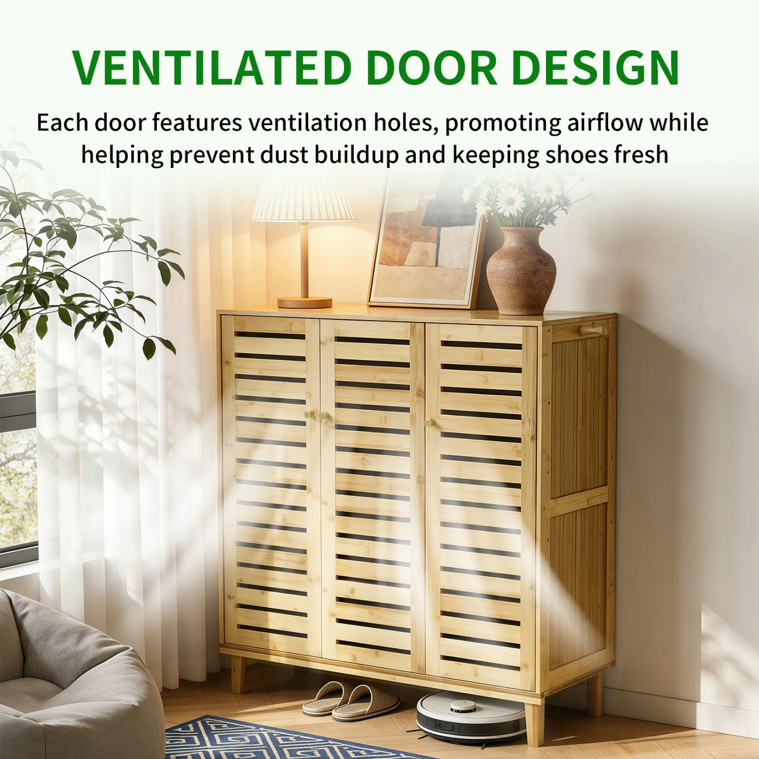 5 Tier Natural Wood Shoe Storage Cabinet Organizer Ventilated Slatted Doors 2 Or 3 Doors Shoes Rack for Entryway Hallway Closet