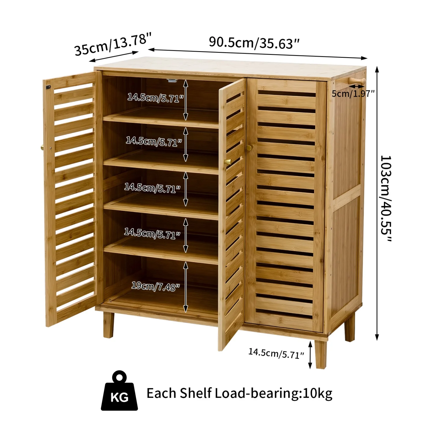 5 Tier Natural Wood Shoe Storage Cabinet Organizer Ventilated Slatted Doors 2 Or 3 Doors Shoes Rack for Entryway Hallway Closet