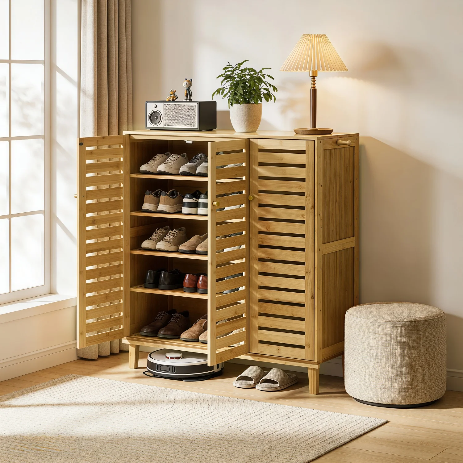 5 Tier Natural Wood Shoe Storage Cabinet Organizer Ventilated Slatted Doors 2 Or 3 Doors Shoes Rack for Entryway Hallway Closet