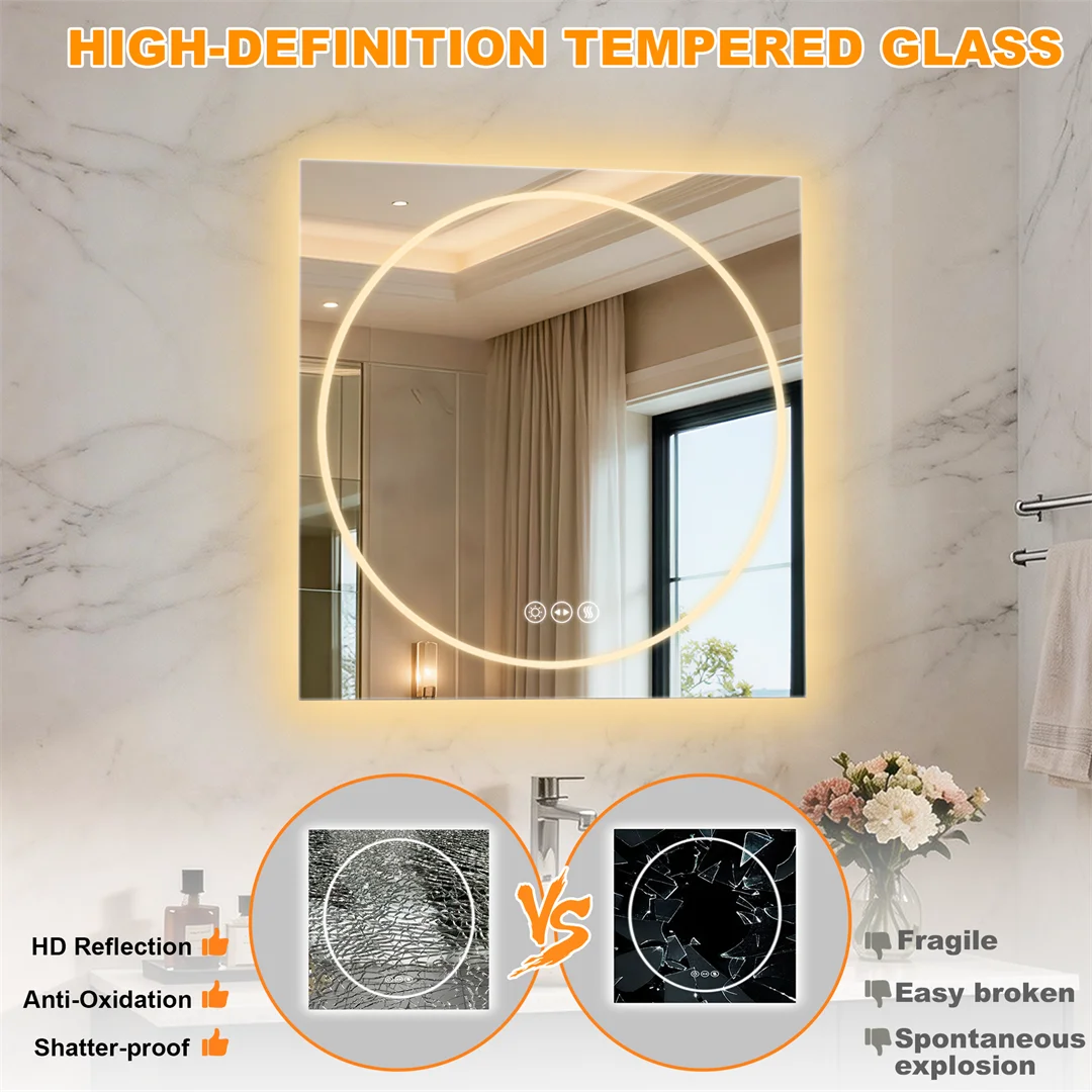 LUVODI 24x32" Modern Smart LED Bathroom Mirror,Tempered Glass Square-Oval Wall Backlit Vanity Dressing Shower Mirror,Dimmable Fogless Creative Makeup Mirror for Restroom