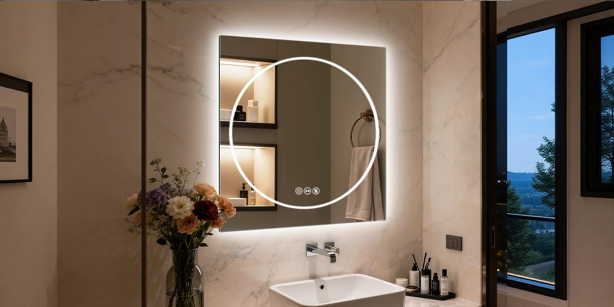 LUVODI 24x32" Modern Smart LED Bathroom Mirror,Tempered Glass Square-Oval Wall Backlit Vanity Dressing Shower Mirror,Dimmable Fogless Creative Makeup Mirror for Restroom