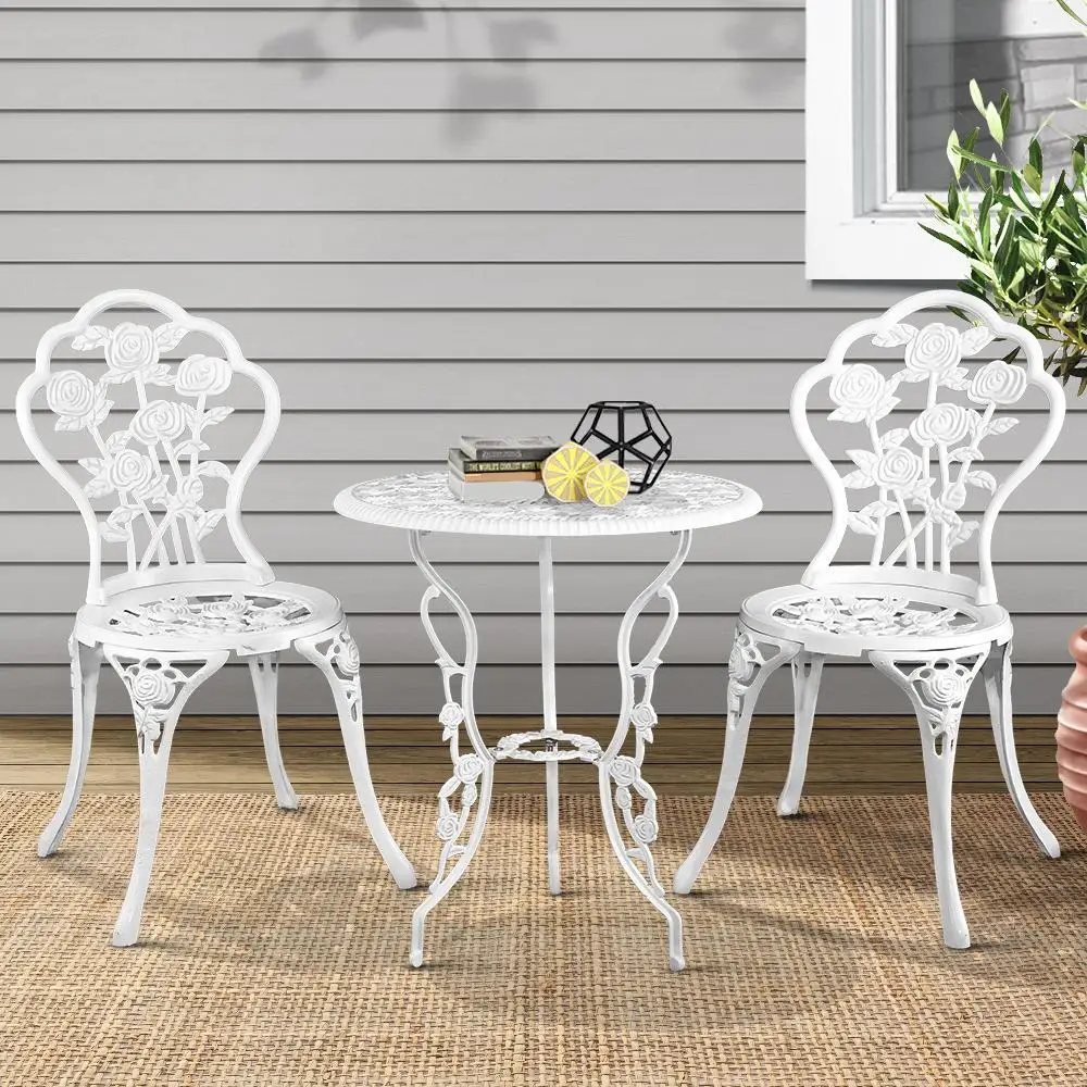 3 Piece Outdoor Bistro Set Cast Aluminum Patio Furniture Rose White Chairs Table