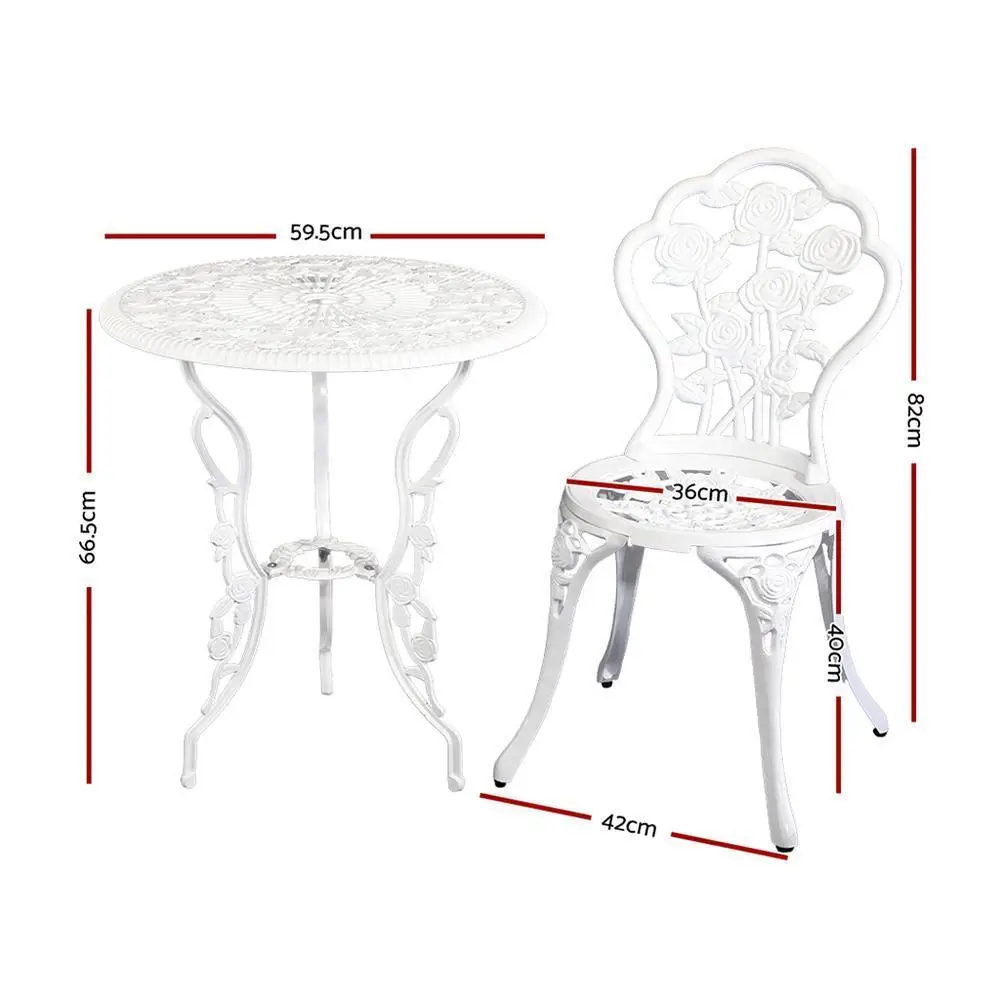 3 Piece Outdoor Bistro Set Cast Aluminum Patio Furniture Rose White Chairs Table