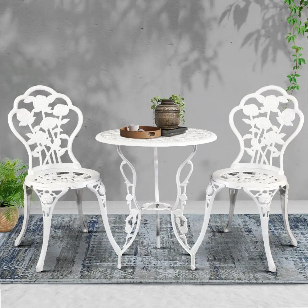 3 Piece Outdoor Bistro Set Cast Aluminum Patio Furniture Rose White Chairs Table