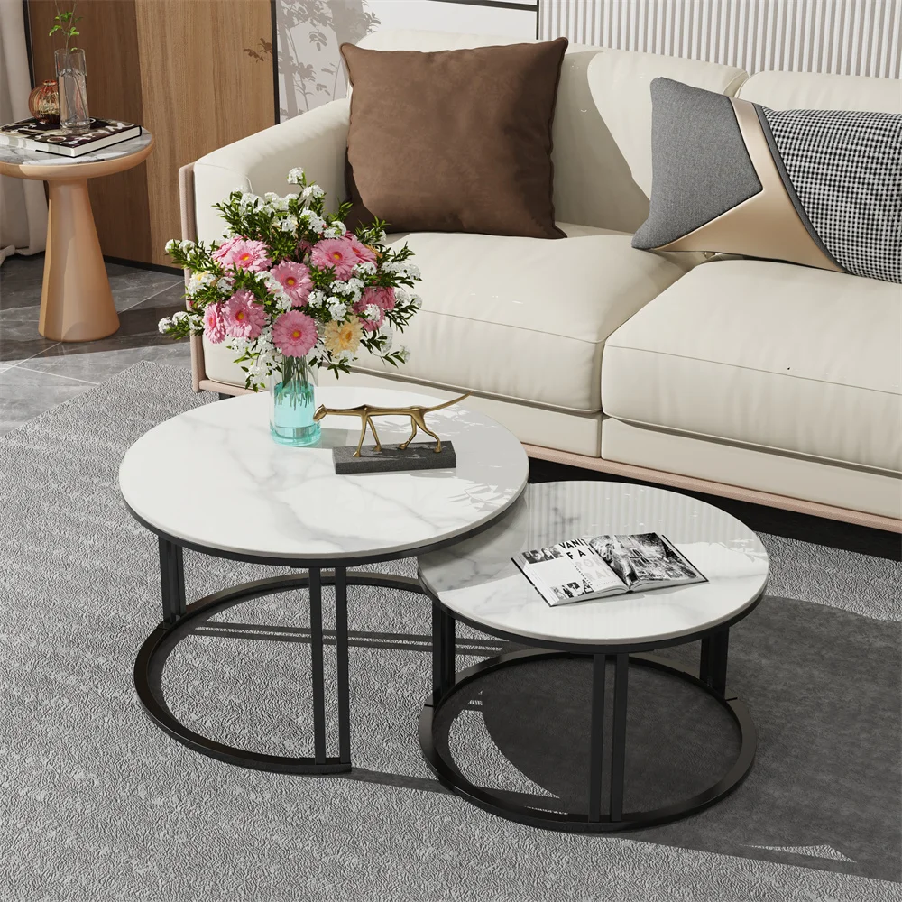 LUVODI Set of 2 Round Nesting Coffee Table White Grey Sofa Side Living Room Center Tea Desk Space-Saving