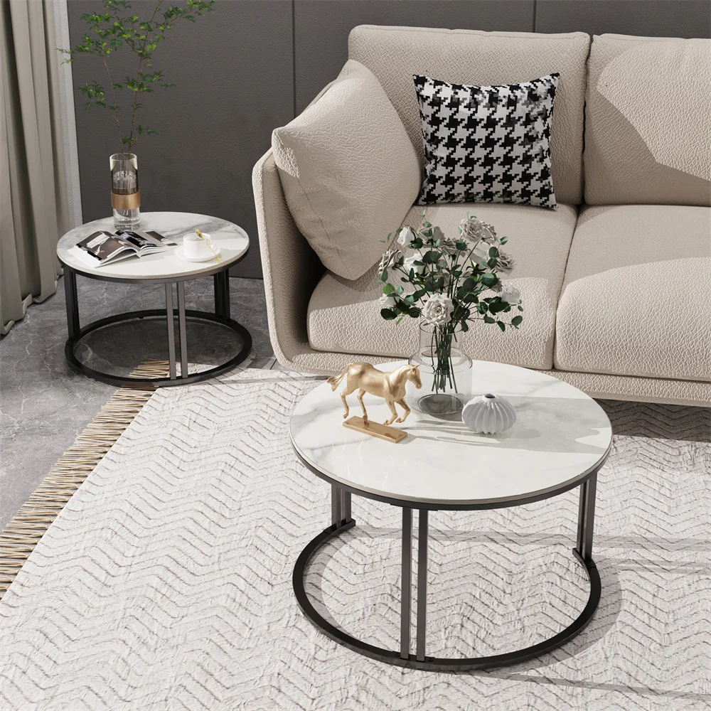 LUVODI Set of 2 Round Nesting Coffee Table White Grey Sofa Side Living Room Center Tea Desk Space-Saving