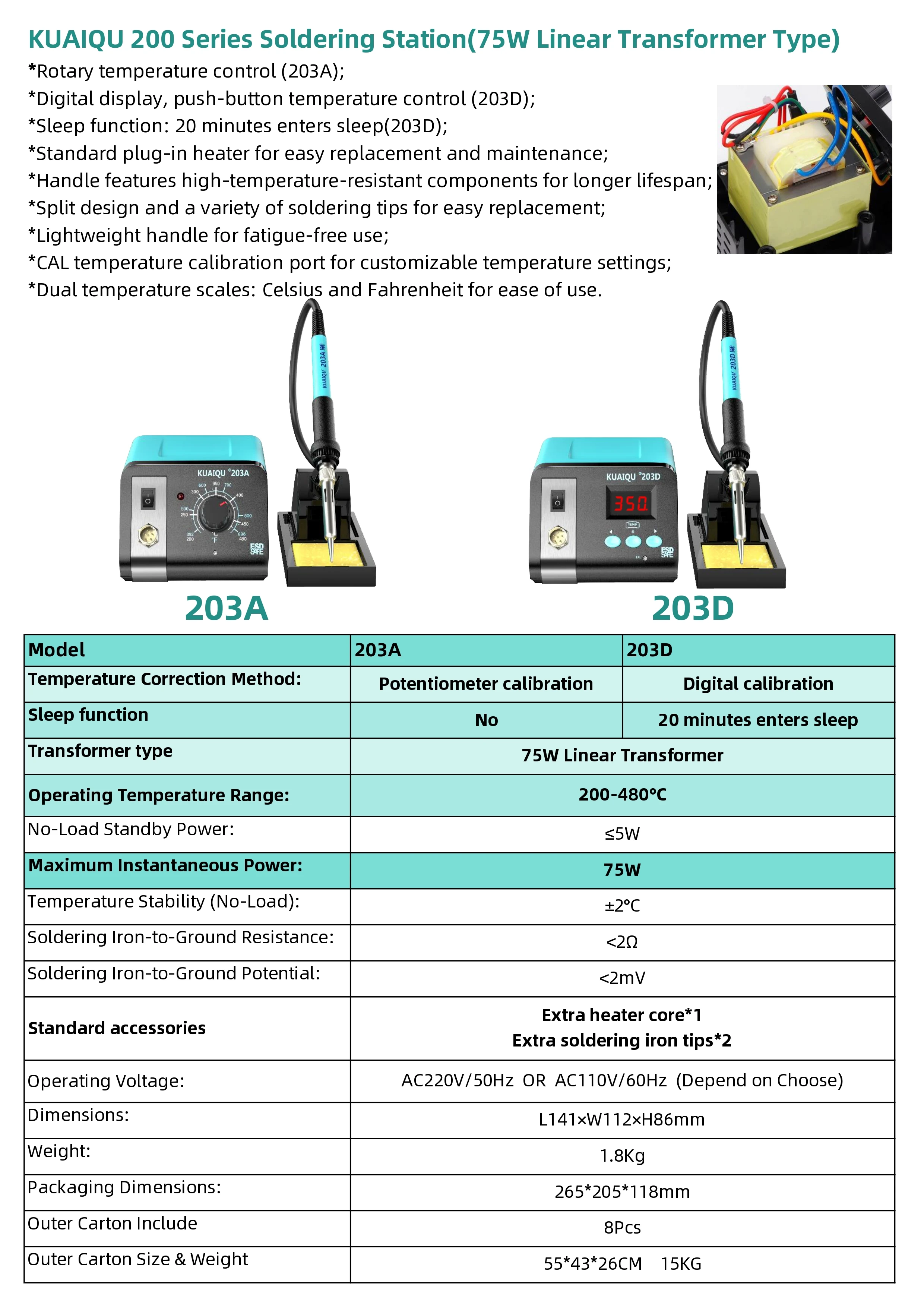 KUAIQU 75W Knob/Digital Display Soldering Station 200~480°C Adjustable Soldering Iron 392~896°F Welding Tools For Phone PCB