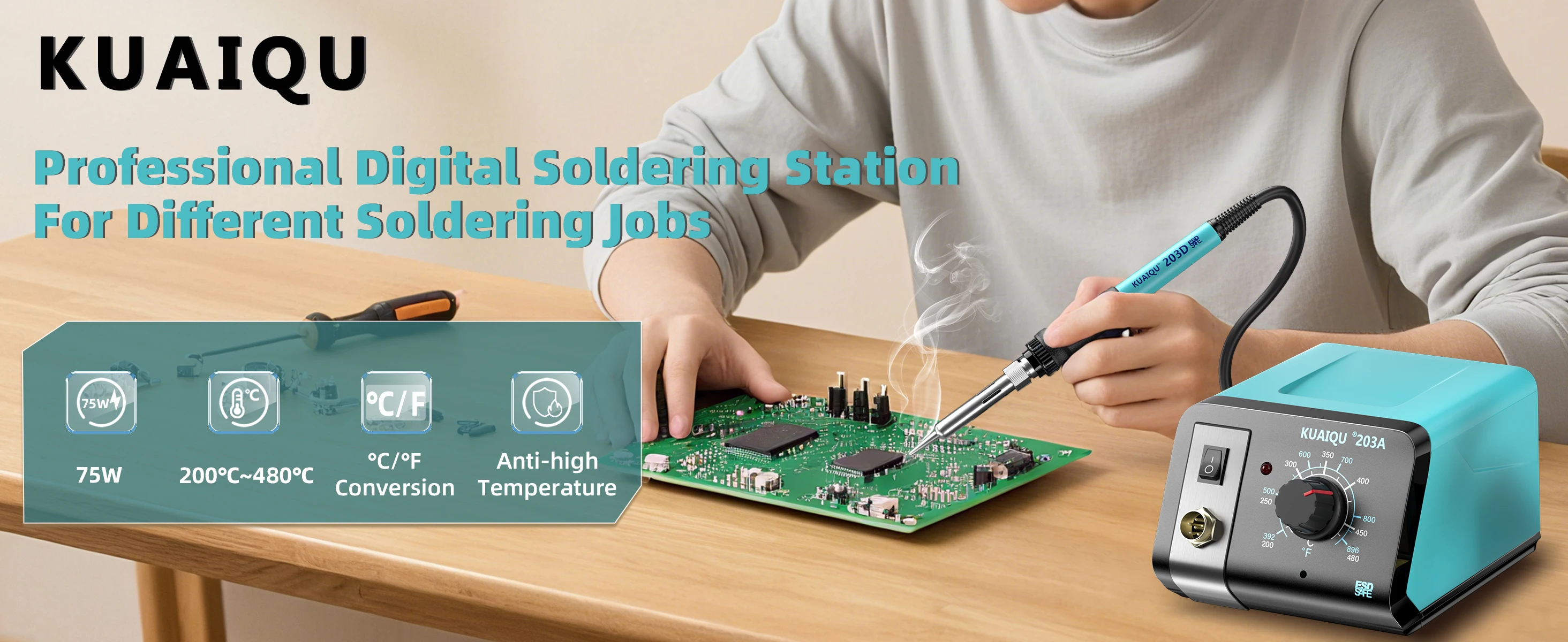 KUAIQU 75W Knob/Digital Display Soldering Station 200~480°C Adjustable Soldering Iron 392~896°F Welding Tools For Phone PCB