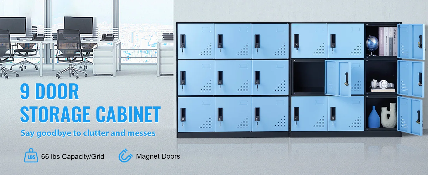 SucceBuy Metal Locker for Employees 9 Doors Storage Cabinet with Card Slot & Lock 66lbs Loading Capacity for Office School Home