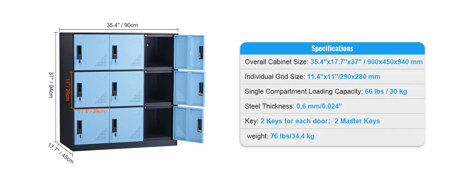 SucceBuy Metal Locker for Employees 9 Doors Storage Cabinet with Card Slot & Lock 66lbs Loading Capacity for Office School Home