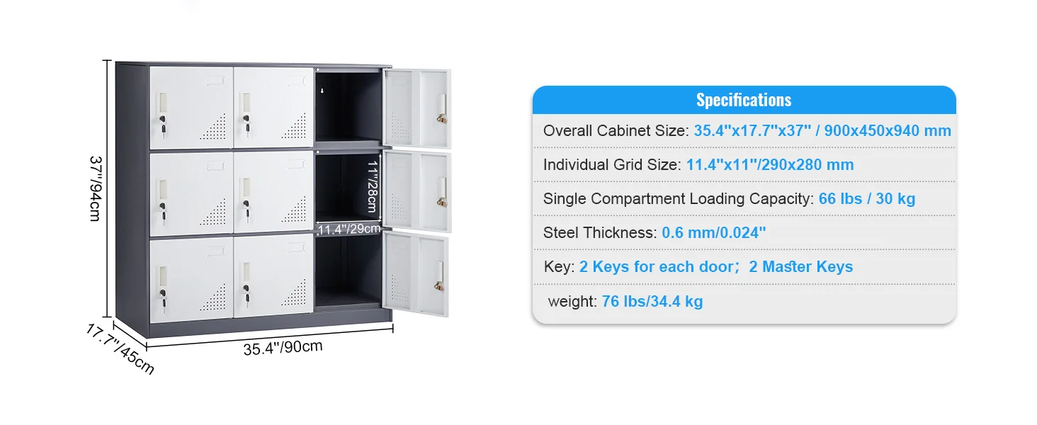 SucceBuy Metal Locker for Employees 9 Doors Storage Cabinet with Card Slot & Lock 66lbs Loading Capacity for Office School Home