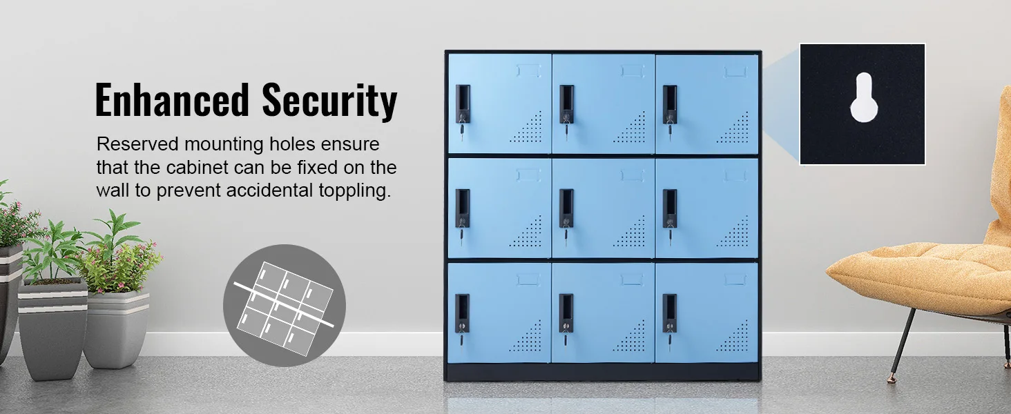 SucceBuy Metal Locker for Employees 9 Doors Storage Cabinet with Card Slot & Lock 66lbs Loading Capacity for Office School Home