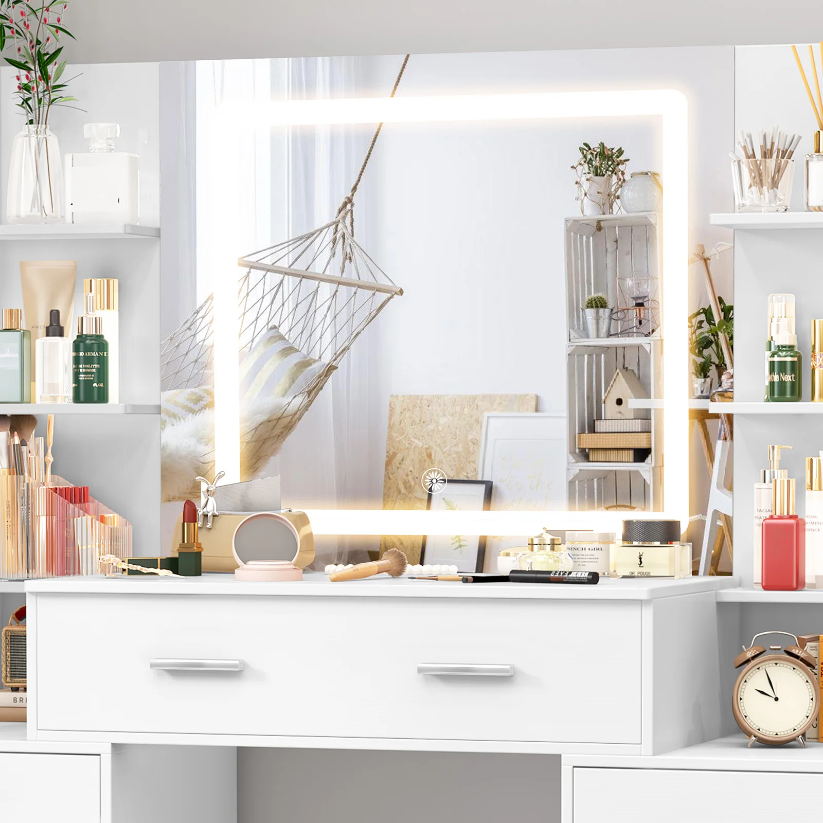 Teousev White Modern Wood Vanity Set with Touch Control Dimmable LED Lighted Mirror 7 Drawers Easy Assembly Bedroom Makeup Desk