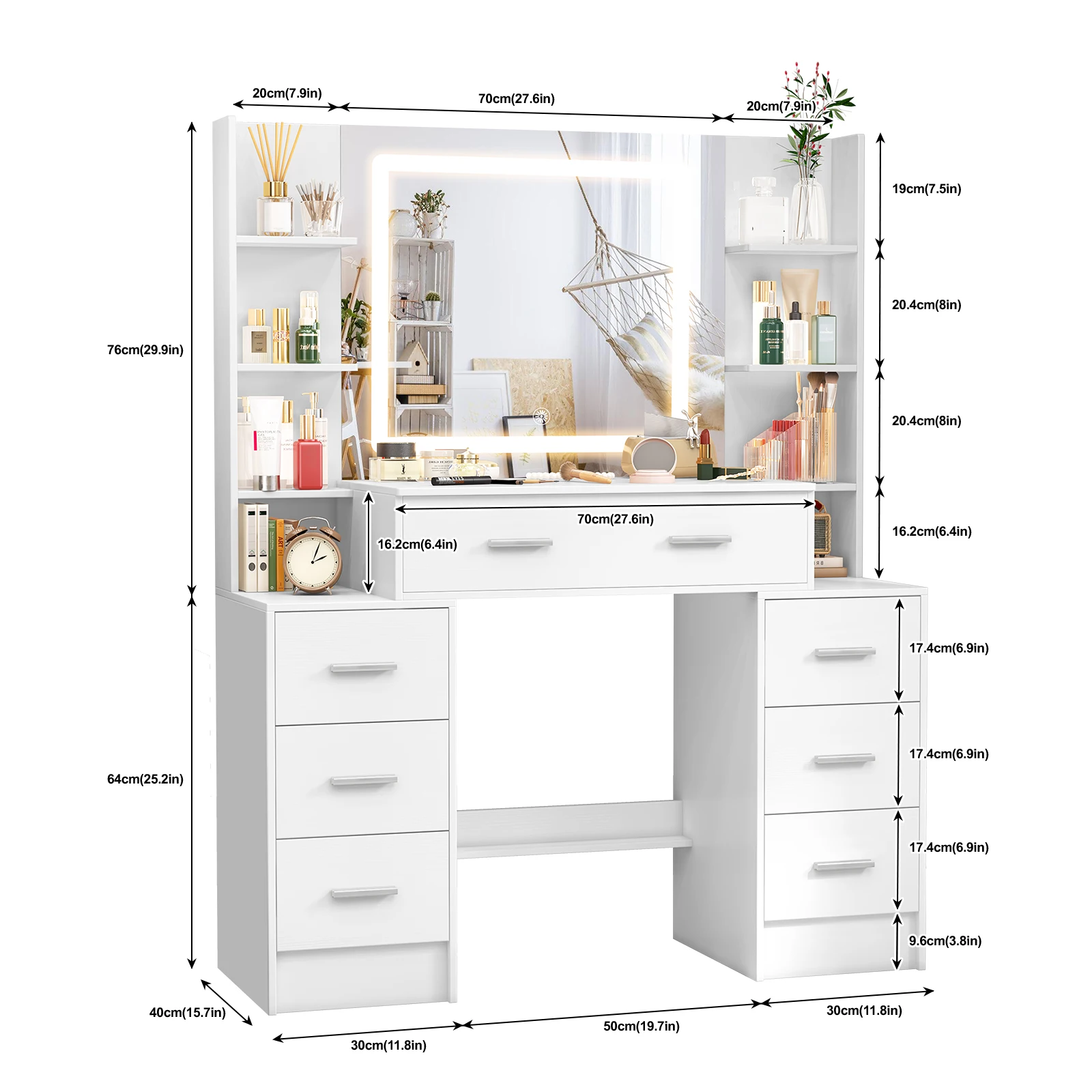 Teousev White Modern Wood Vanity Set with Touch Control Dimmable LED Lighted Mirror 7 Drawers Easy Assembly Bedroom Makeup Desk