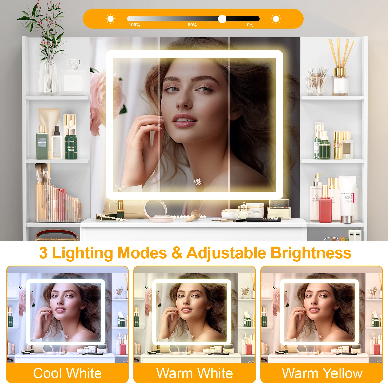 Teousev White Modern Wood Vanity Set with Touch Control Dimmable LED Lighted Mirror 7 Drawers Easy Assembly Bedroom Makeup Desk