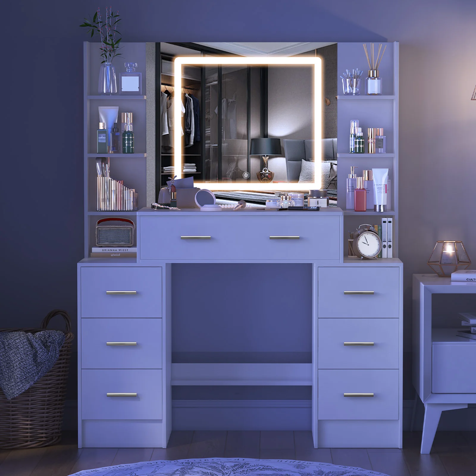 Teousev White Modern Wood Vanity Set with Touch Control Dimmable LED Lighted Mirror 7 Drawers Easy Assembly Bedroom Makeup Desk
