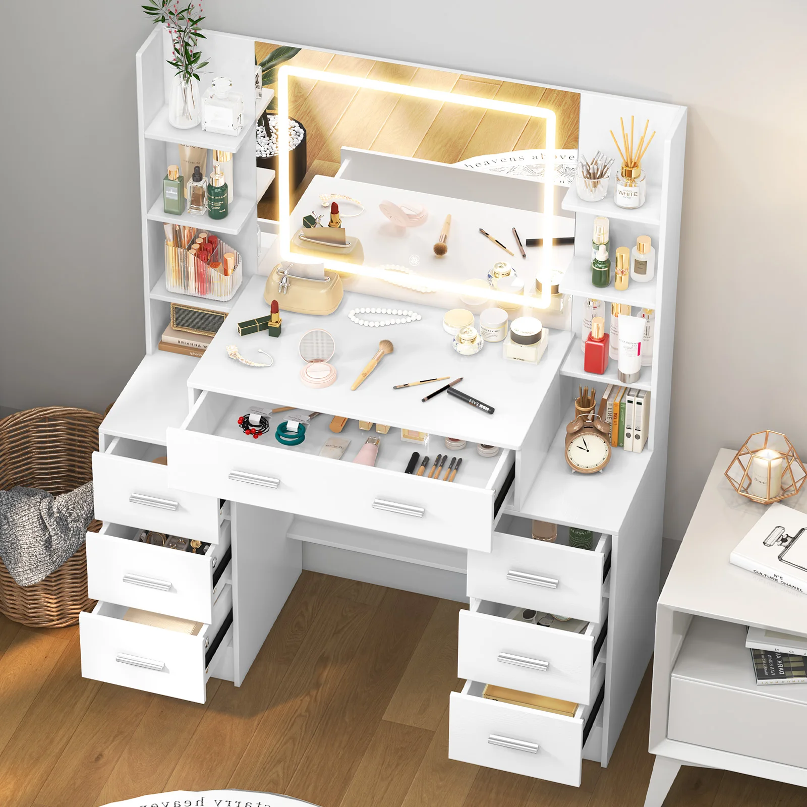 Teousev White Modern Wood Vanity Set with Touch Control Dimmable LED Lighted Mirror 7 Drawers Easy Assembly Bedroom Makeup Desk