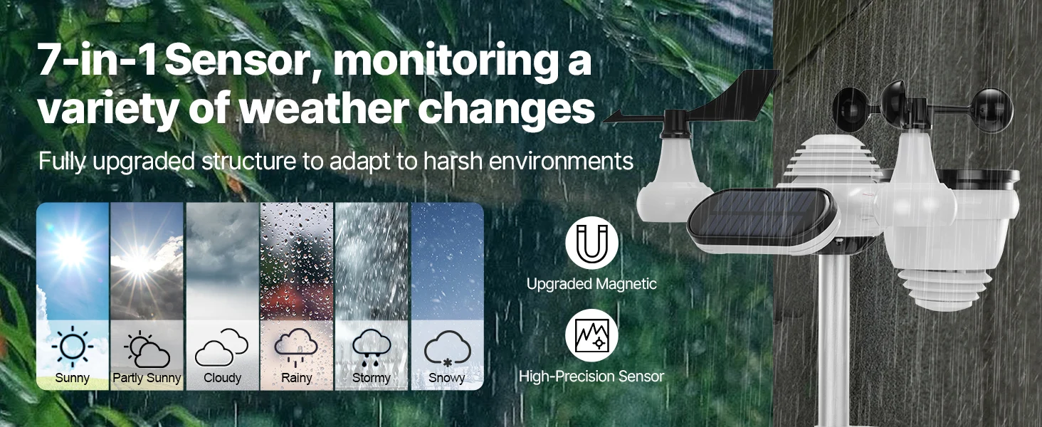 SucceBuy 7 in 1 Wireless Weather Station 7.5in Large Color Display Digital Home Weather Station for Forecast Data, Alarm, Alerts